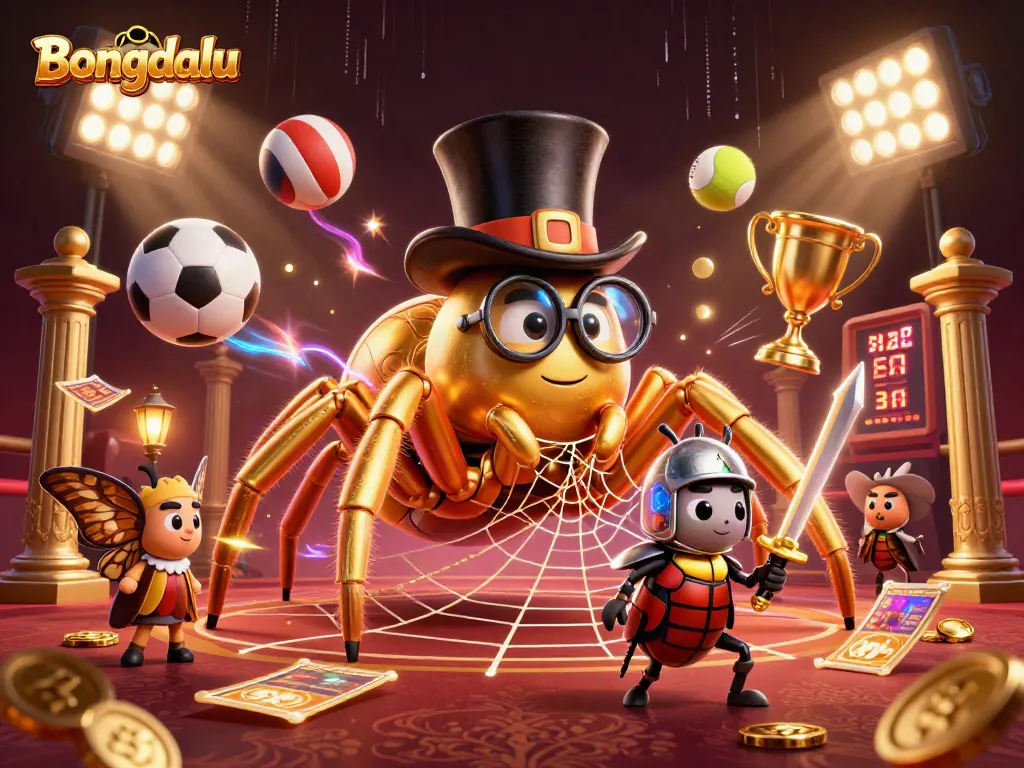 Bongdalu showcases a vibrant scene with sports betting excitement, featuring a giant golden tarantula and engaging characters.