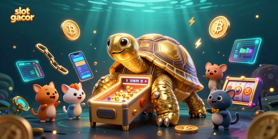 Engage with the slot gacor experience through a lively illustration featuring a golden tortoise and crypto elements.