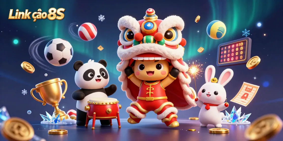 Join the action with Link vào 8S, as the lion dance performs amidst vibrant casino themes.