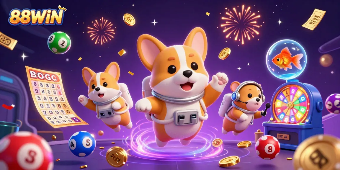 Experience thrilling gaming adventures with 88WIN in a vibrant casino scene featuring a floating corgi and cosmic elements.