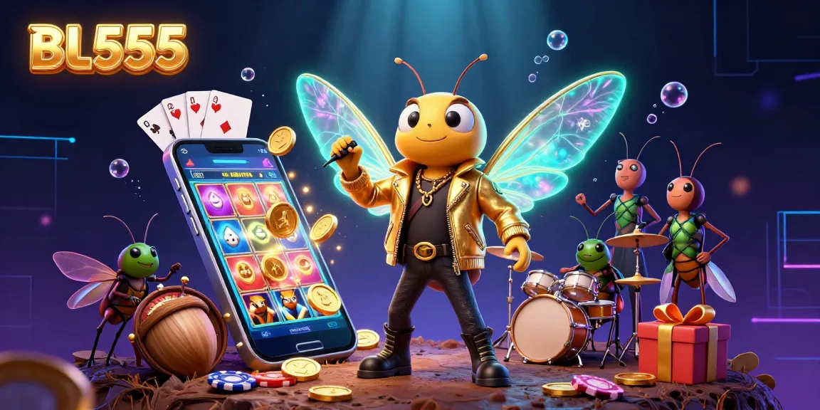 Experience thrilling gameplay with BL555 as a cartoon cicada rock star leads an electrifying casino scene.