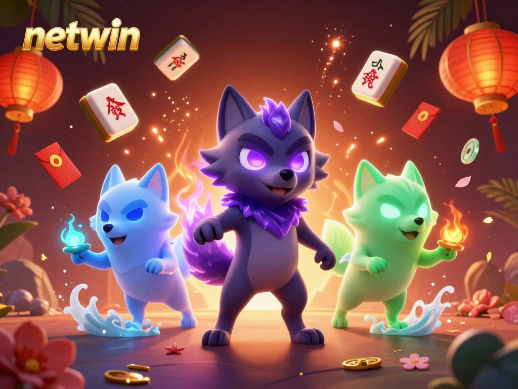 Experience excitement at netwin with a dynamic illustration of shadow wolves and casino elements.