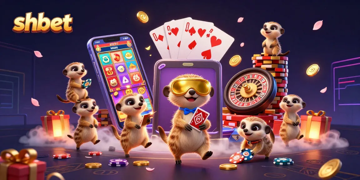 shbet meerkats running a vibrant casino operation with lively game elements and chip towers