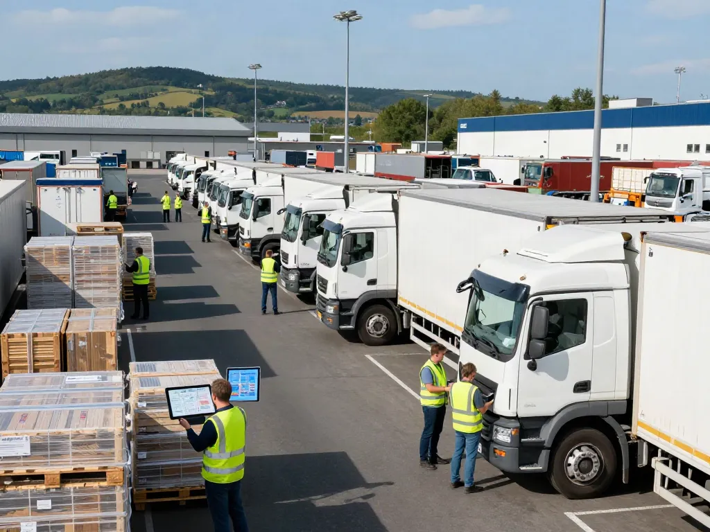 FTL-Transport in Dortmund: Logistikexperten koordinieren den reibungslosen Ablauf der Frachten und Lastwagen im Transportzentrum.