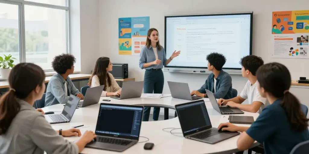 Students generating educational articles with AI in a collaborative classroom environment.