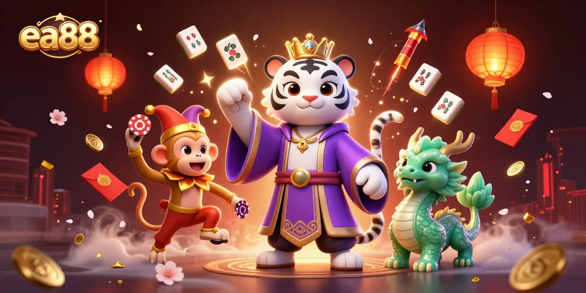 Play poker with ea88's vibrant characters like white tiger and golden monkey in a lively casino illustration.