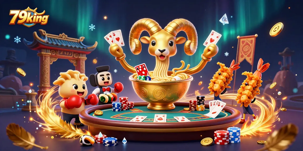 Engage with 79king in a vibrant casino scene featuring a giant ramen bowl and playful game elements.