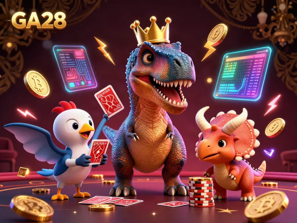 Engage in thrilling gameplay at GA28 with a T-Rex shuffling cards while a triceratops stacks chips.