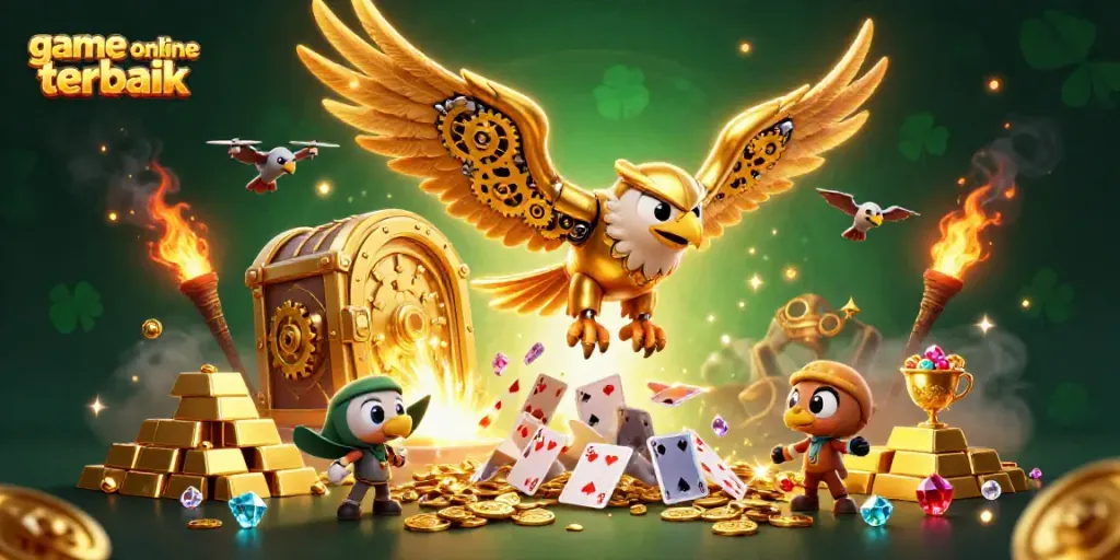 Experience the thrill of game online terbaik with a cybernetic eagle amidst shiny treasures and vibrant gameplay elements.