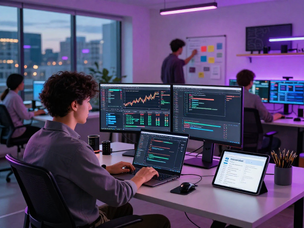 Live coding session showcasing HK stock WebSocket API integration in a vibrant tech workspace.