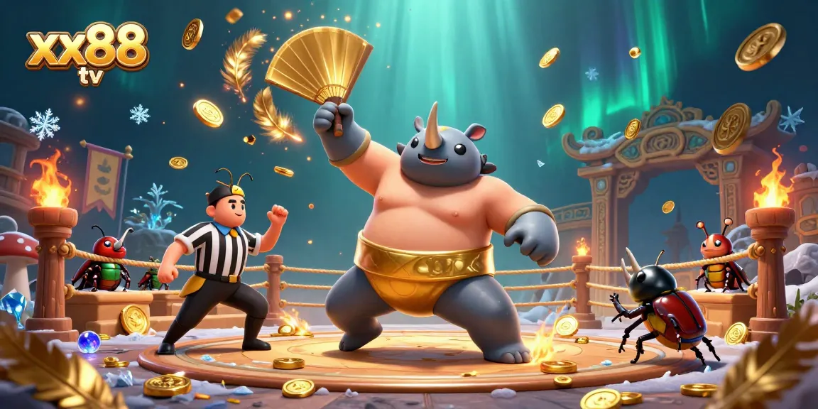 Bet big with xx88 tv while a sumo beetle champion stomps coins across a vibrant casino scene.