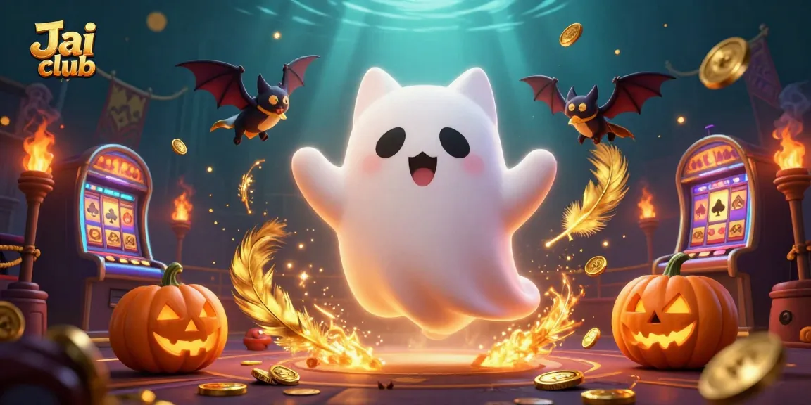 Win big at Jai club with an enchanting 3D illustration of a ghost cat and poker-themed jack-o-lanterns.