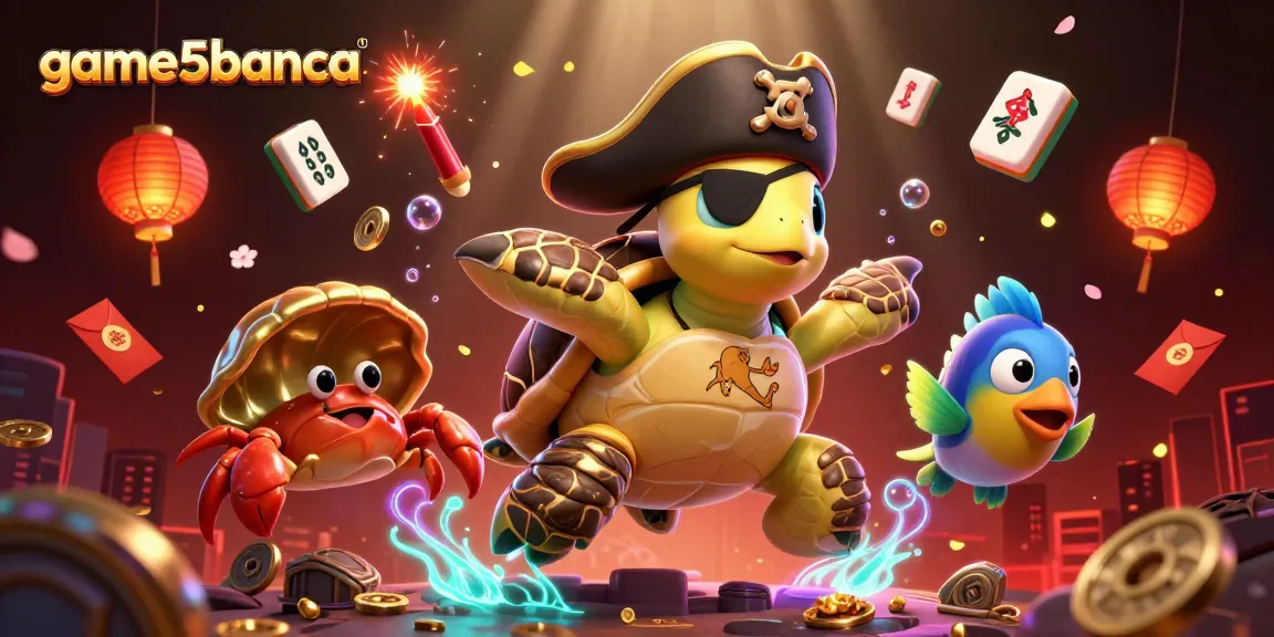 Experience the vibrant world of game5banca with a pirate turtle seeking treasures amidst floating casino elements.