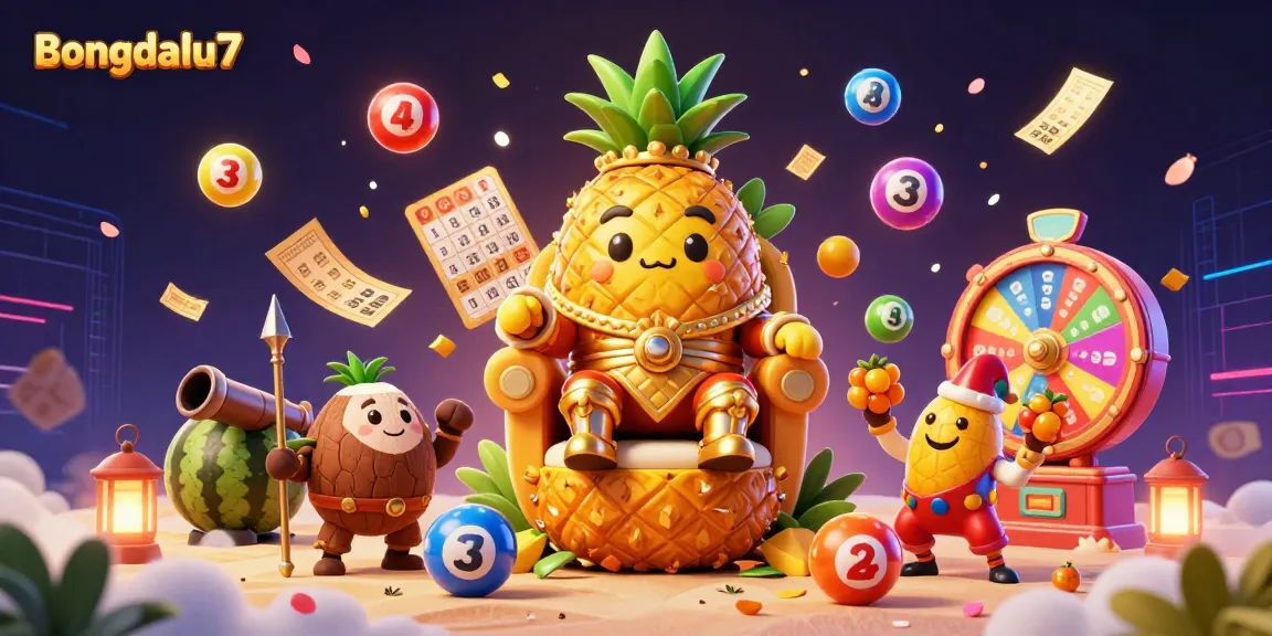 Bongdalu7 brings excitement and dynamic energy in a vibrant beach casino scene, featuring a golden pineapple king, coconut bodyguards, and lively game elements.