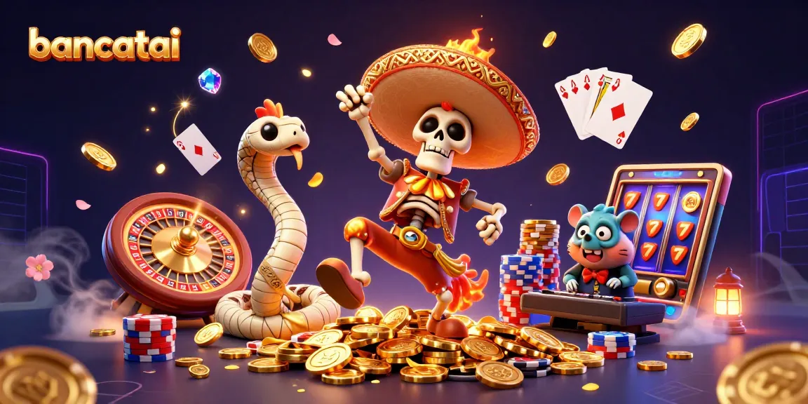 bancatai showcases a lively scene with a dancing mariachi rooster, golden coins and gambling elements flying around.