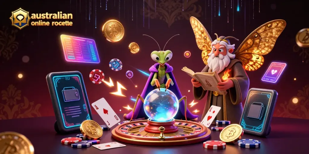 Experience australian online roulette with charming characters and casino elements in a vibrant 3D illustration.