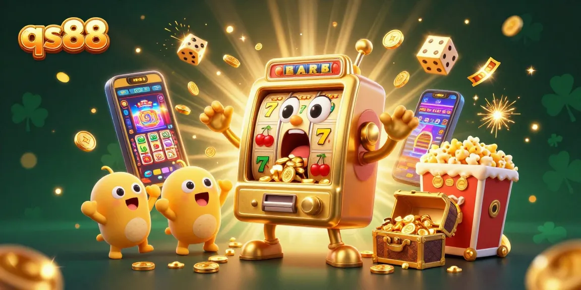 qs88 slot machine celebrates a jackpot with coins pouring out, vibrant casino scene