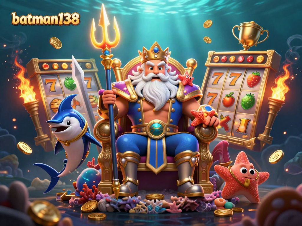 Play slots and win at batman138 with Neptune surrounded by golden gaming elements.