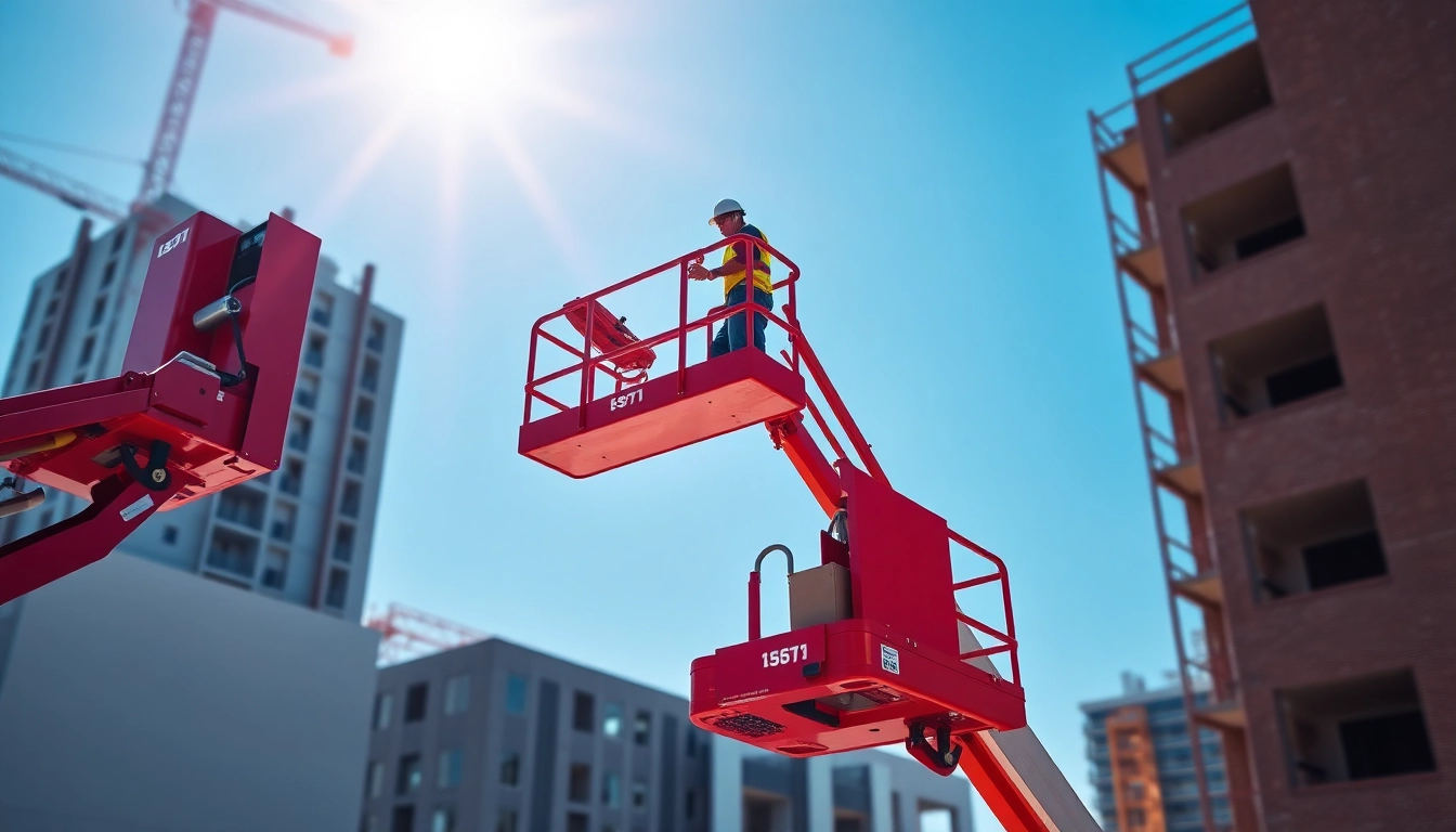 Worker using a cherry picker to access high areas at a construction site.