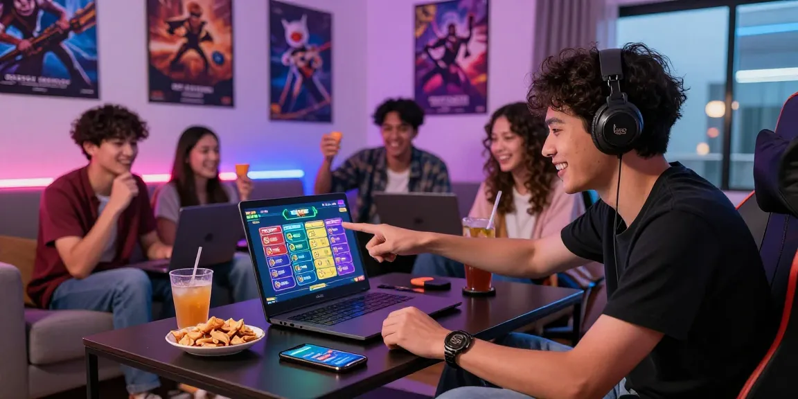 Dewatogel gaming night scene with friends engaged in Togel online game, snacks, and drinks creating an inviting atmosphere.