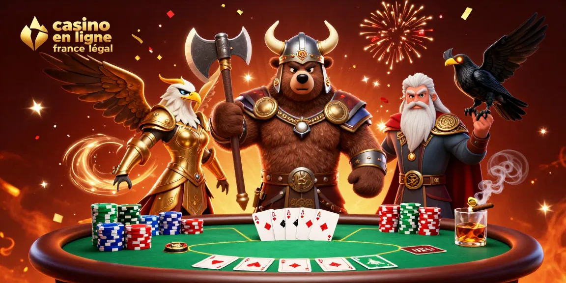 Profitez d'une expérience immersive avec casino en ligne france légal, illustrée par un ours berserker et une aigle Valkyrie entourés de jetons de poker.