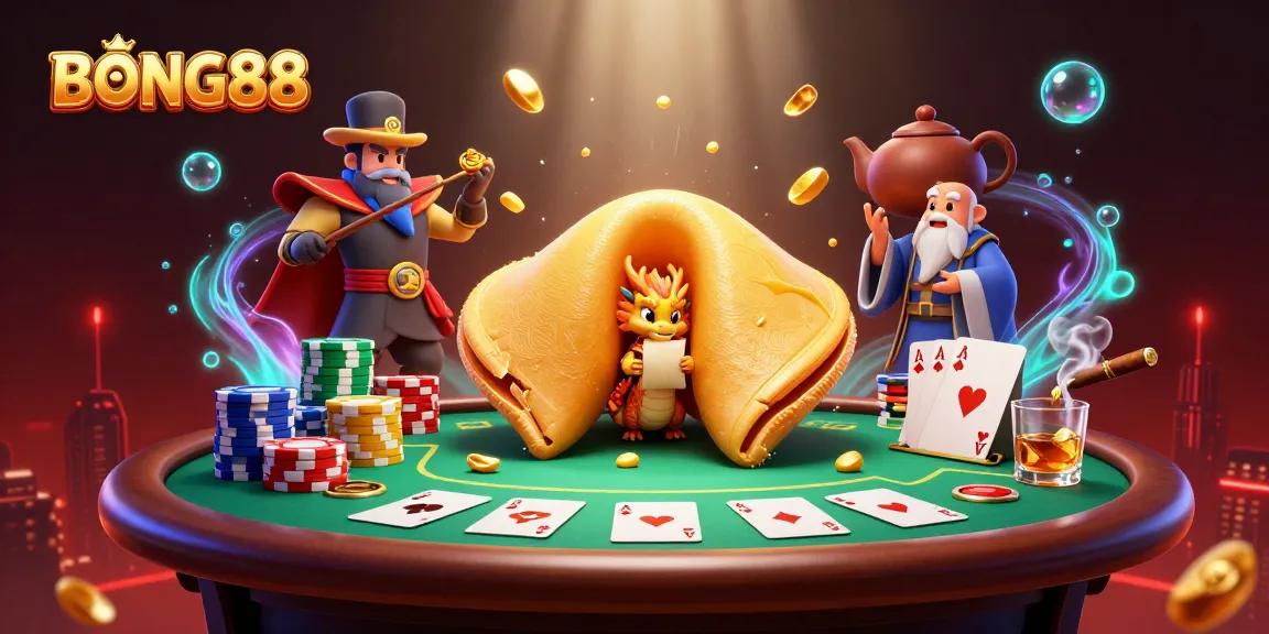 BONG88 showcases an enchanting 3D casino scene with fortune cookie characters and poker elements.