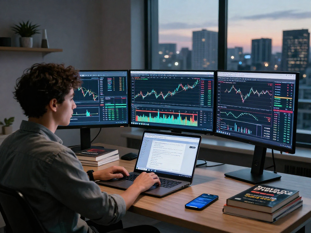 分析交易数据的交易者使用MetaTrader 5平台，展示市场深度和图表分析。
