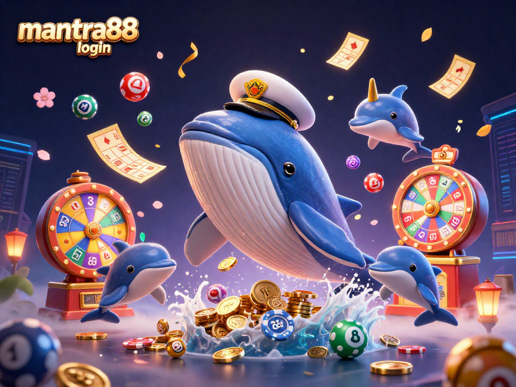 Engage with excitement on mantra88 login featuring playful dolphins, a captain whale, and vibrant casino elements.