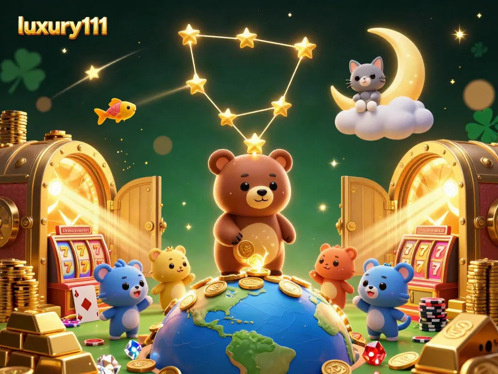 Experience thrilling wins with luxury111 in this vibrant casino illustration featuring gold, gems, and slot reels.