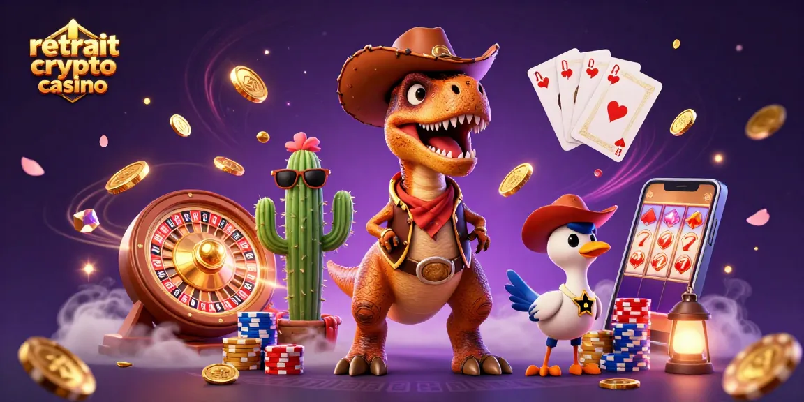 Retrait crypto casino : Illustration dynamique des personnages avec jeux de casino et éléments crypto.