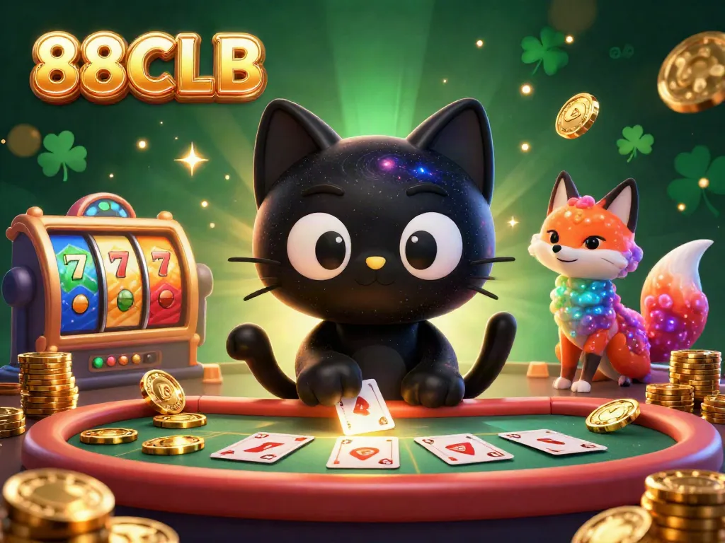 Engage with thrilling casino action at 88CLB, featuring a cosmic cat and vibrant slot elements.