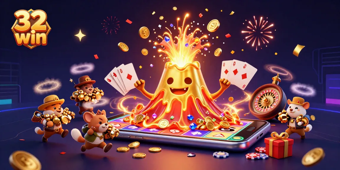 Play slots and win big with 32 win, featuring a magical golden volcano and treasure.