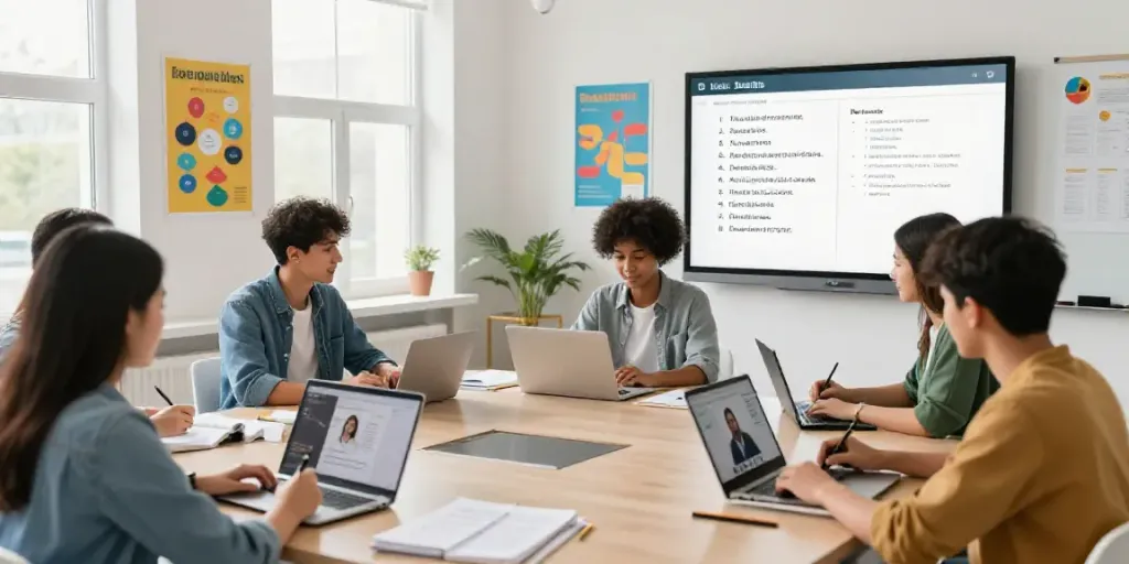 Toto togel online language learning environment with engaged students participating in a virtual English course.