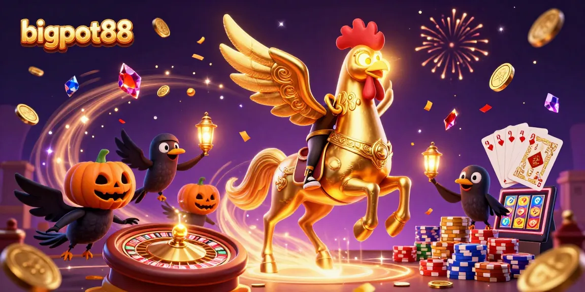bigpot88 features a golden rooster riding through a vibrant casino, surrounded by flying coins and cards.