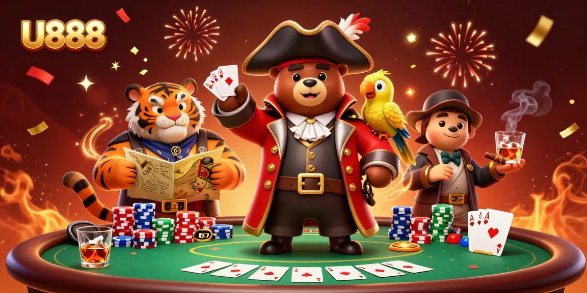 U888 showcases an exciting gambling experience with vibrant characters and poker elements.