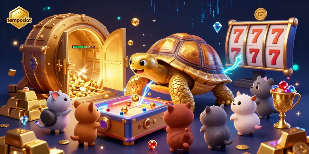 Permainan slot di temposlot yang dikelilingi oleh koin emas dan harta karun.