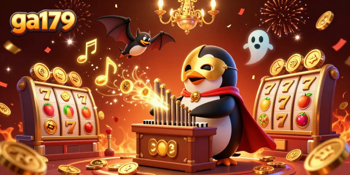 Experience the excitement of ga179 with a penguin organist and vivid slot game symbols.