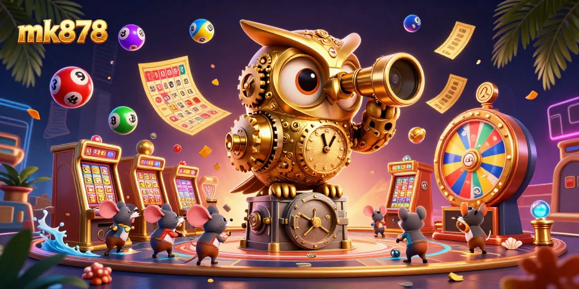 Engage with the lively mk878 casino scene featuring a golden owl, vibrant lottery elements, and festive game dynamics.