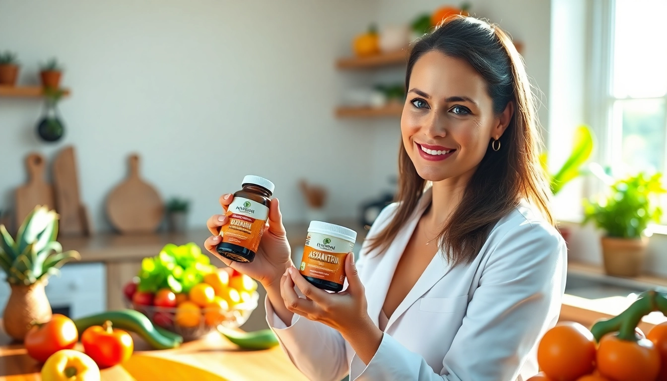 Evaluate best astaxanthin dosage with expert in a bright kitchen filled with nutritious foods.