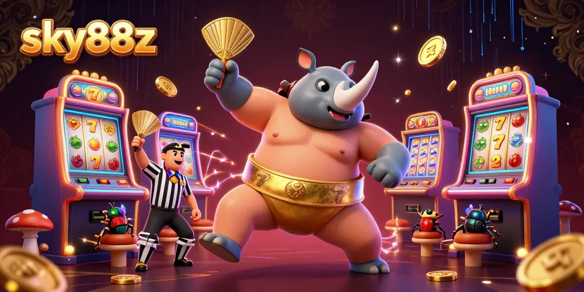 Experience the excitement of sky88z as the champion beetle stomps through a dazzling slot machine scene.