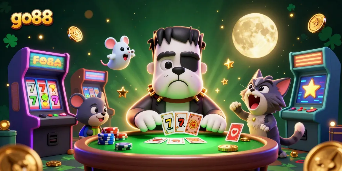 Join the fun at go88 with this vibrant casino scene featuring unique characters and gaming elements.