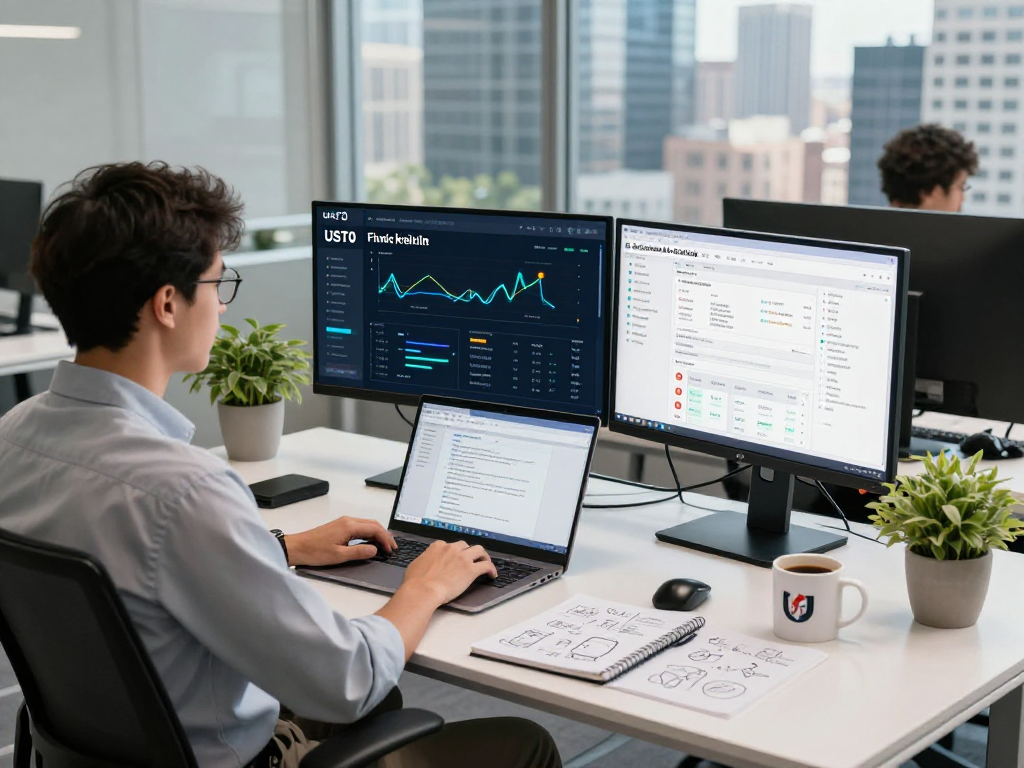 USDT0 technology workspace featuring financial analytics dashboard and developer at a modern desk