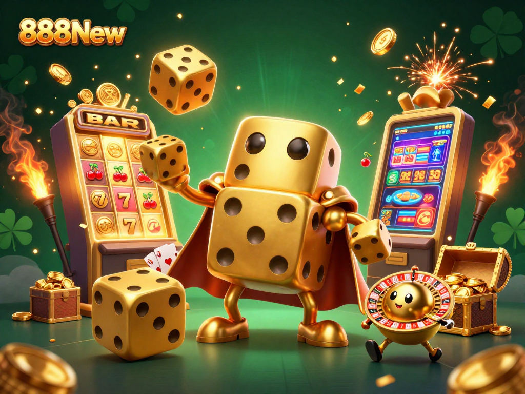 Experience fun and excitement at 888New with dynamic casino games in a vibrant 3D illustration