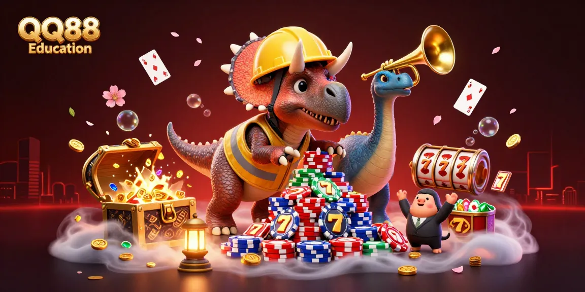 Celebrate poker victories with QQ88 Education, featuring vibrant 3D casino characters and whimsical elements.