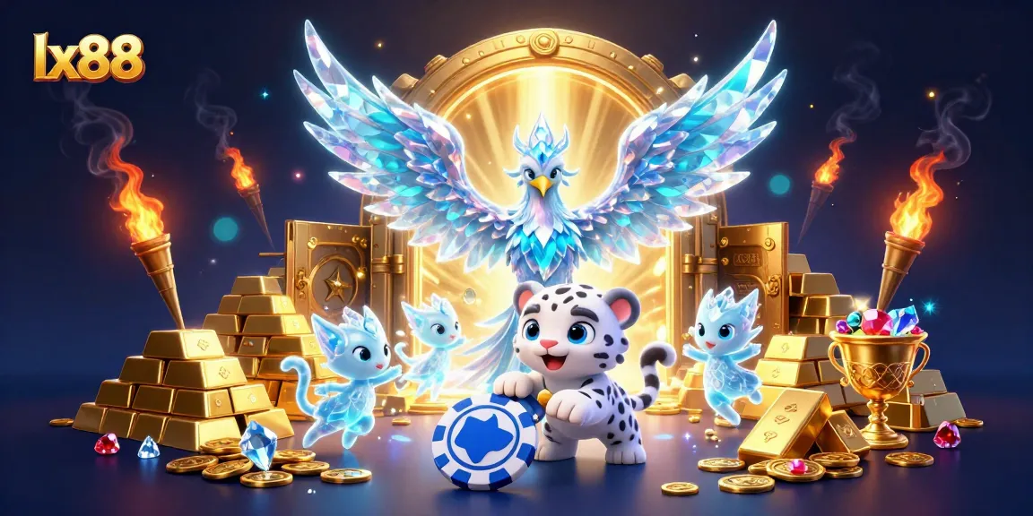Experience the magic of lx88 with an ice phoenix, treasure, and vibrant casino elements.