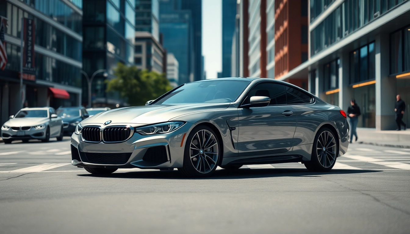 Admire the Luxury BMW car showcasing its elegance against a vibrant urban backdrop.