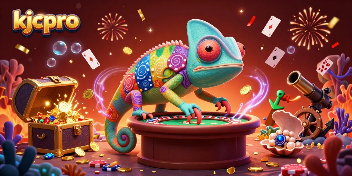 Engage with kjcpro's immersive gaming experience featuring a colorful chameleon casino owner amidst thrilling casino elements.