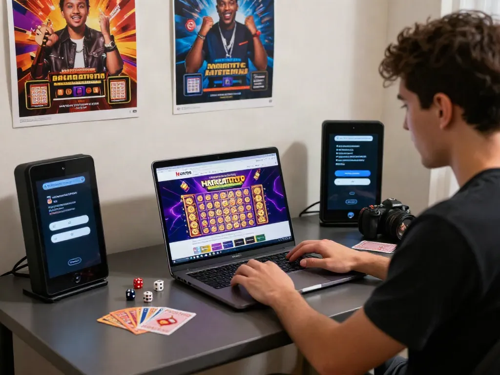 Experience HARGATOTO's engaging online lottery platform at home, showcasing vibrant lottery graphics on a laptop.