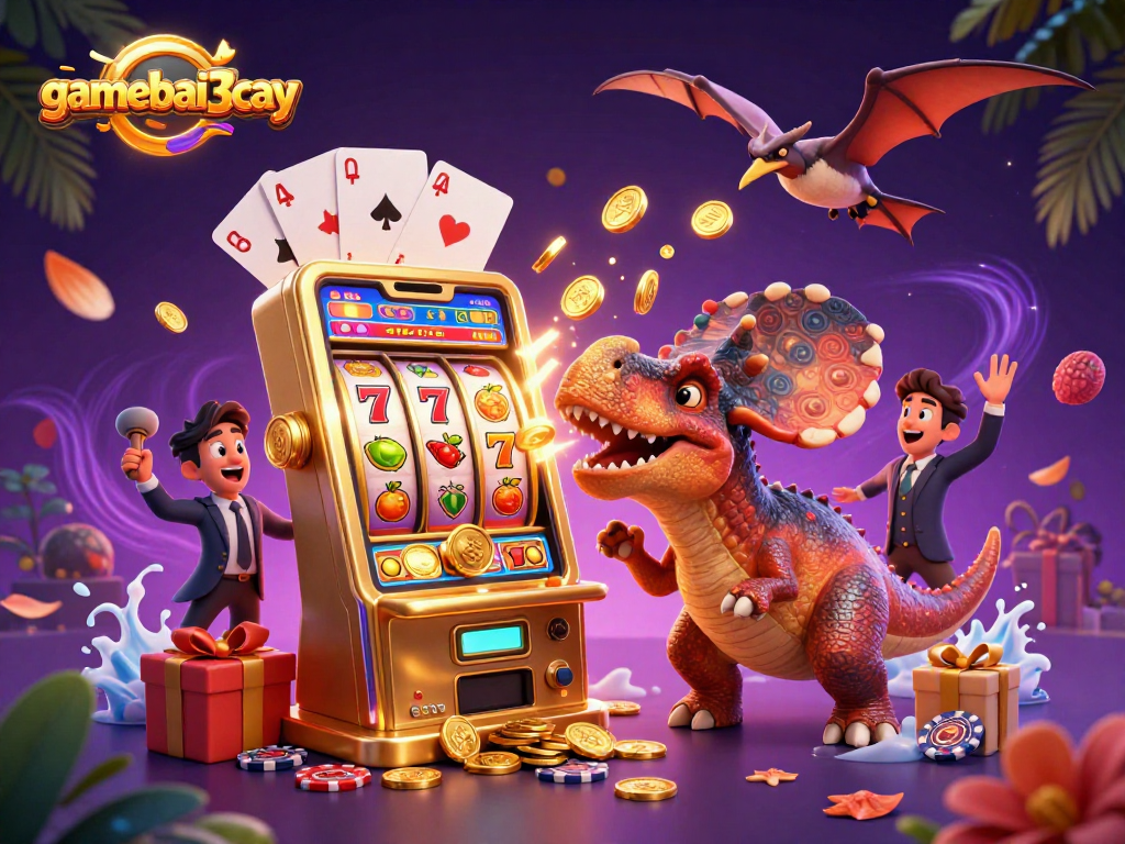 gamebai3cay features a dinosaur winning jackpots at a vibrant casino scene with slot machines
