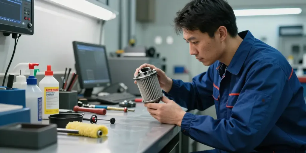 Professionelle DPF Reinigung in Hannover mit erfahrenem Techniker im modernen Werkstattumfeld.